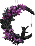 Halloween Wreath for Front Door Halloween Moon Wreath with Mini Black Cat Grapevine Wreath Halloween Door Wreath Decorations for Home Party Indoor Outdoor-14