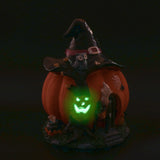 Halloween Pumpkin Decoration Halloween Witch Pumpkin House Statue Glowing Resin Treat or Trick Figurine for Table Desktop Ornament Halloween Decor