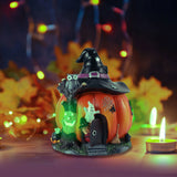 Halloween Pumpkin Decoration Halloween Witch Pumpkin House Statue Glowing Resin Treat or Trick Figurine for Table Desktop Ornament Halloween Decor