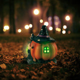 Halloween Pumpkin Decoration Halloween Witch Pumpkin House Statue Glowing Resin Treat or Trick Figurine for Table Desktop Ornament Halloween Decor